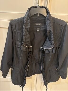 White House Black Market Black Ruffle-Trim Utility Jacket with Drawstring